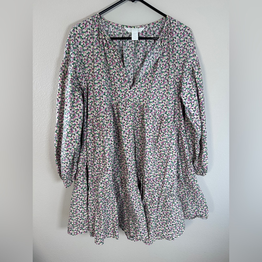 H&M Conscious Floral A-LINE COTTON Dress Floral Puff Sleeve size small - Picture 4 of 9
